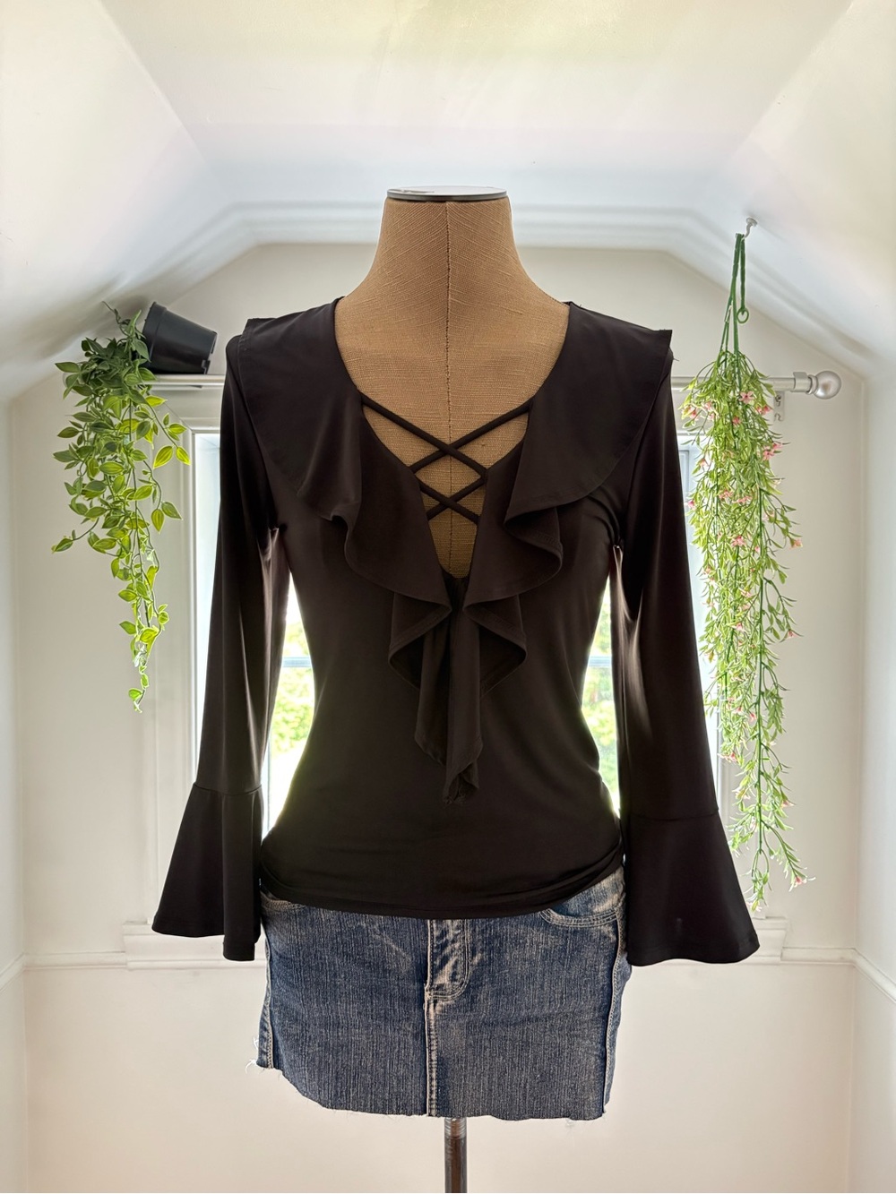Women's Black Ruffle V-Neck Blouse with Crisscross Detail